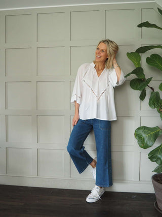 Melody Cotton Tunic Blouse with 3/4 Sleeves - Cobalt Blue, Green, Pink and White