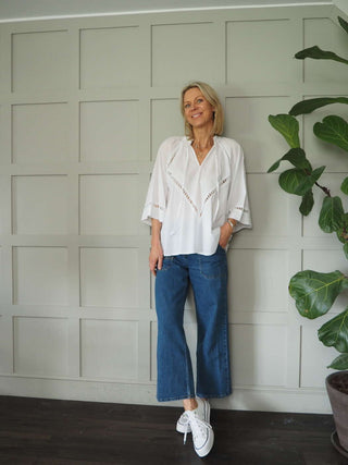 Melody Cotton Tunic Blouse with 3/4 Sleeves - Cobalt Blue, Green, Pink and White