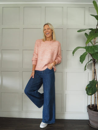 Reed Round Neck Jumper with Subtle Sequins and Lurex Threads - Pink, Silver and Taupe