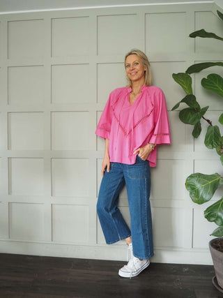 Melody Cotton Tunic Blouse with 3/4 Sleeves - Cobalt Blue, Green, Pink and White