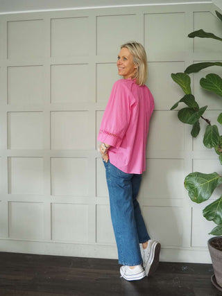 Melody Cotton Tunic Blouse with 3/4 Sleeves - Cobalt Blue, Green, Pink and White