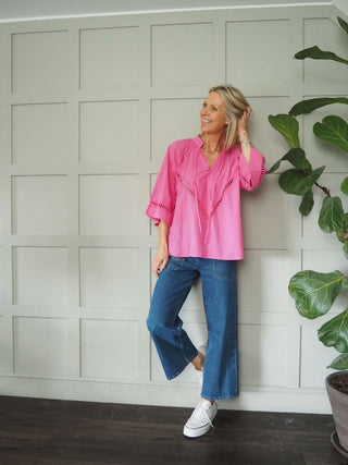 Melody Cotton Tunic Blouse with 3/4 Sleeves - Cobalt Blue, Green, Pink and White