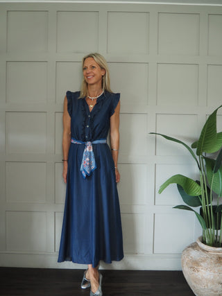 Starra Chambray Dress with Scarf Belt - Dark Blue