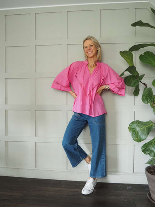 Melody Cotton Tunic Blouse with 3/4 Sleeves - Cobalt Blue, Green, Pink and White