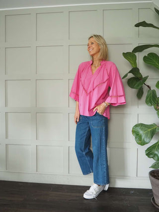 Melody Cotton Tunic Blouse with 3/4 Sleeves - Cobalt Blue, Green, Pink and White