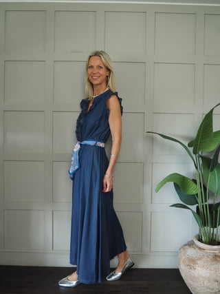 Starra Chambray Dress with Scarf Belt - Dark Blue