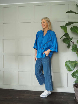 Melody Cotton Tunic Blouse with 3/4 Sleeves - Cobalt Blue, Green, Pink and White