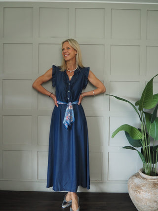 Starra Chambray Dress with Scarf Belt - Dark Blue