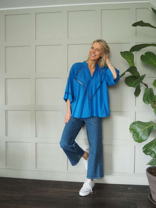 Melody Cotton Tunic Blouse with 3/4 Sleeves - Cobalt Blue, Green, Pink and White