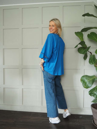 Melody Cotton Tunic Blouse with 3/4 Sleeves - Cobalt Blue, Green, Pink and White