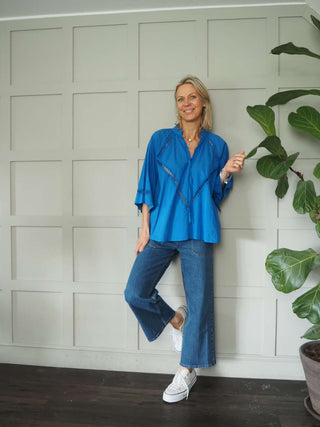 Melody Cotton Tunic Blouse with 3/4 Sleeves - Cobalt Blue, Green, Pink and White