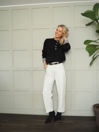 Jackson Jumper with Gingham Buttons and Cuffs - Baby Blue, Baby Pink, Black, Oatmeal