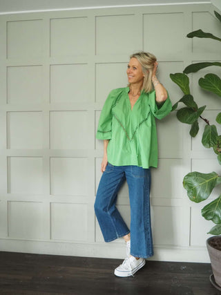 Melody Cotton Tunic Blouse with 3/4 Sleeves - Cobalt Blue, Green, Pink and White