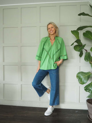 Melody Cotton Tunic Blouse with 3/4 Sleeves - Cobalt Blue, Green, Pink and White