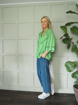 Melody Cotton Tunic Blouse with 3/4 Sleeves - Cobalt Blue, Green, Pink and White