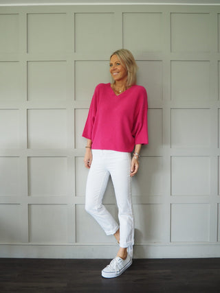 Jodie V-Neck Front &amp; Back, 3/4 Sleeve Batwing Jumper - Cobalt Blue, Fuchsia Pink and Off White