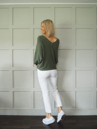 Jodie V-Neck Front &amp; Back, 3/4 Sleeve Batwing Jumper - Cobalt Blue, Fuchsia Pink and Off White