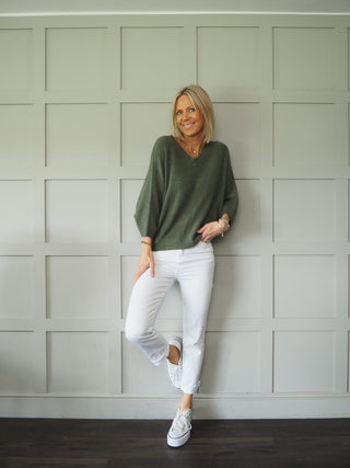 Jodie V-Neck Front &amp; Back, 3/4 Sleeve Batwing Jumper - Cobalt Blue, Fuchsia Pink and Off White