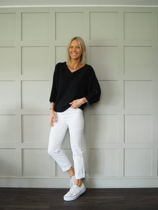 Jodie V-Neck Front &amp; Back, 3/4 Sleeve Batwing Jumper - Cobalt Blue, Fuchsia Pink and Off White