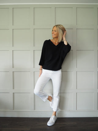 Jodie V-Neck Front &amp; Back, 3/4 Sleeve Batwing Jumper - Cobalt Blue, Fuchsia Pink and Off White