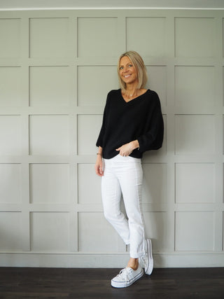 Jodie V-Neck Front &amp; Back, 3/4 Sleeve Batwing Jumper - Cobalt Blue, Fuchsia Pink and Off White