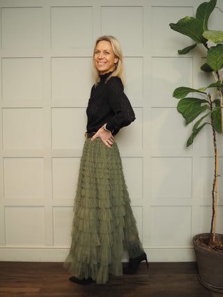 Jozette Ruffle Long Tulle Skirt - Black, Khaki