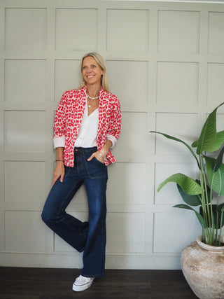 Brema Leopard Print Cotton Jacket with Pockets - Apricot, Blue, Grey, Neon Orange/Pink, Pink, Red/Pink