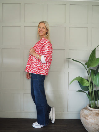 Brema Leopard Print Cotton Jacket with Pockets - Apricot, Blue, Grey, Neon Orange/Pink, Pink, Red/Pink