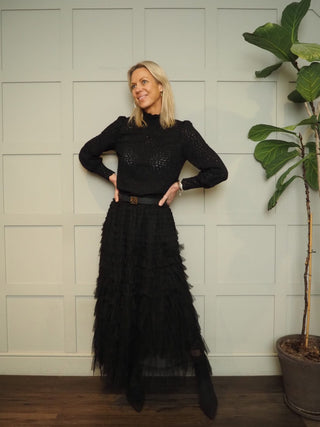 Jozette Ruffle Long Tulle Skirt - Black, Khaki