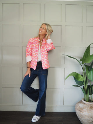 Brema Leopard Print Cotton Jacket with Pockets - Apricot, Blue, Grey, Neon Orange/Pink, Pink, Red/Pink