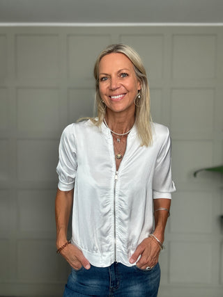Nicola Silk Mix Short Sleeve Zip Up Bomber Jacket - White