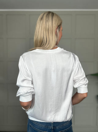 Nicola Silk Mix Short Sleeve Zip Up Bomber Jacket - White