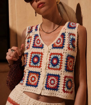 Fee Crochet Cardigan - Off White/Blue/Coral/Red
