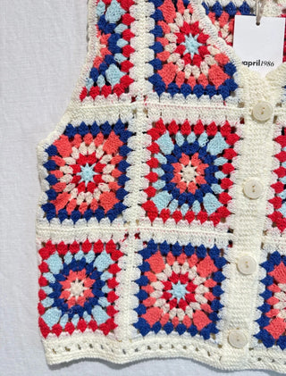 Fee Crochet Cardigan - Off White/Blue/Coral/Red