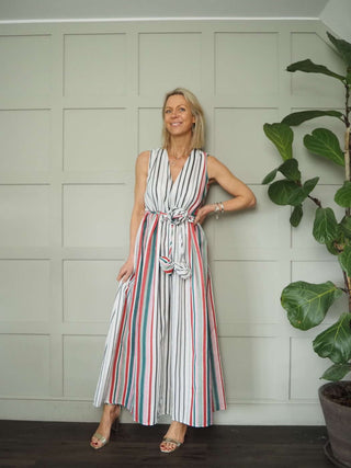 Blakie Maxi, Sleeveless Dress - Off White with Vertical Stripes