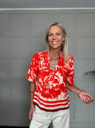 Khloe Blouse with Short Sleeves by Saint Tropez - Red Orange/Oatmeal