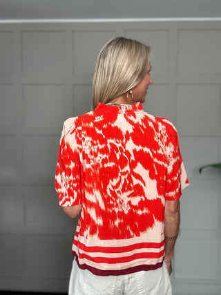 Khloe Blouse with Short Sleeves by Saint Tropez - Red Orange/Oatmeal