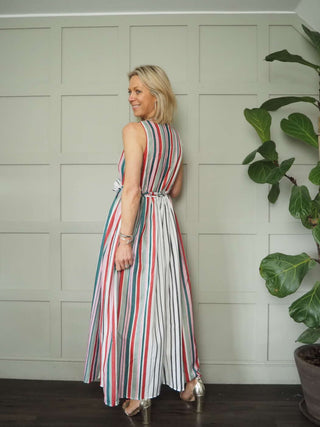 Blakie Maxi, Sleeveless Dress - Off White with Vertical Stripes