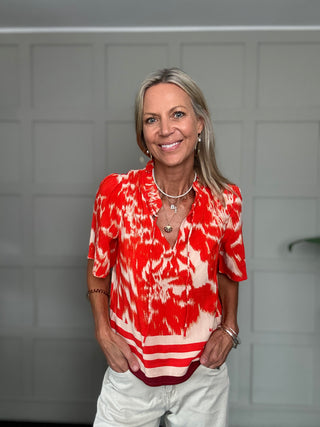 Khloe Blouse with Short Sleeves by Saint Tropez - Red Orange/Oatmeal
