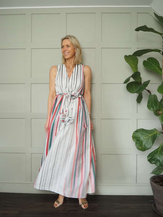 Blakie Maxi, Sleeveless Dress - Off White with Vertical Stripes
