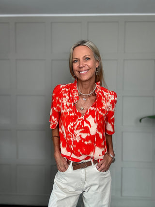 Khloe Blouse with Short Sleeves by Saint Tropez - Red Orange/Oatmeal
