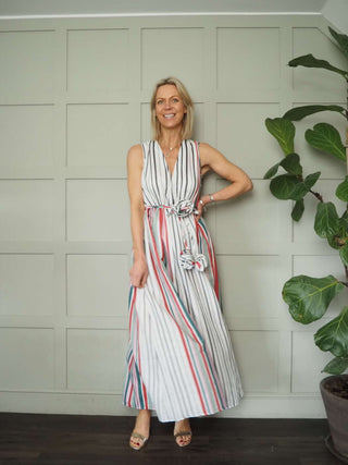 Blakie Maxi, Sleeveless Dress - Off White with Vertical Stripes