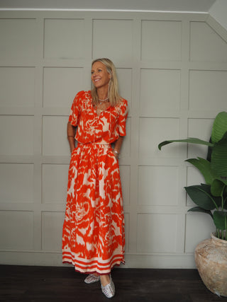 Khloe Maxi Skirt by Saint Tropez - Red Orange/Oatmeal