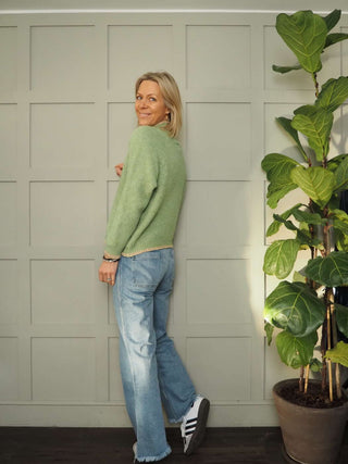 Tash Turtle Neck, Lurex Trim Jumper - Pastel Green and Winter White