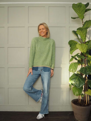 Tash Turtle Neck, Lurex Trim Jumper - Pastel Green and Winter White