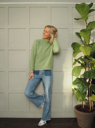 Tash Turtle Neck, Lurex Trim Jumper - Pastel Green and Winter White