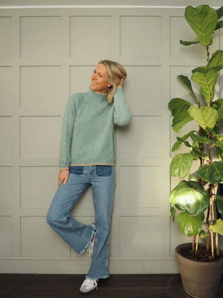 Tash Turtle Neck, Lurex Trim Jumper - Pastel Green and Winter White