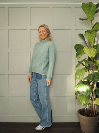 Tash Turtle Neck, Lurex Trim Jumper - Pastel Green and Winter White