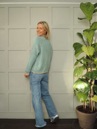 Tash Turtle Neck, Lurex Trim Jumper - Pastel Green and Winter White