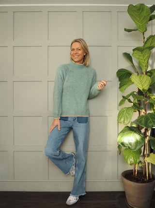 Tash Turtle Neck, Lurex Trim Jumper - Pastel Green and Winter White